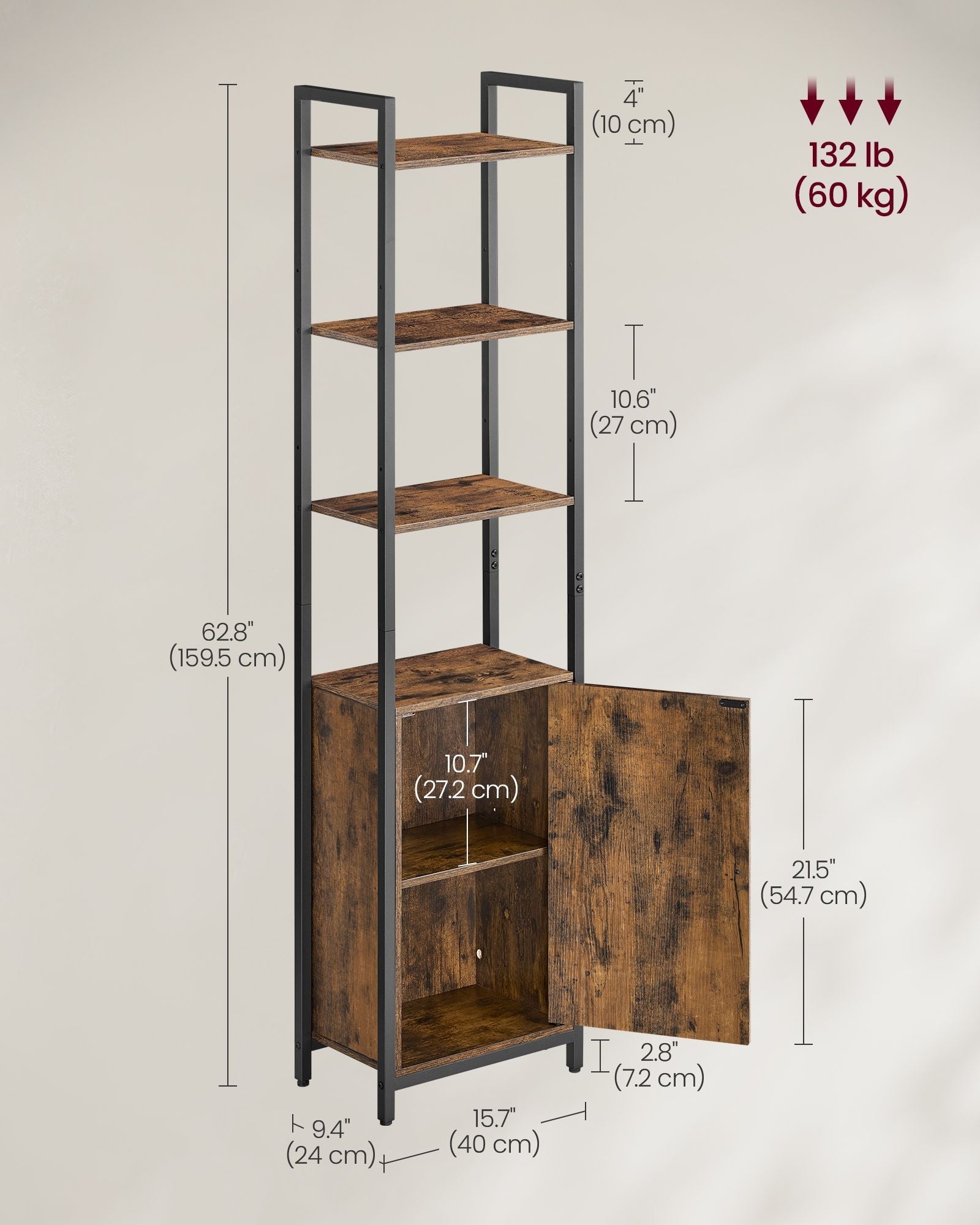 6-Tier Bookcase – Metal Frame – Rustic Brown and Ink Black – Adjustable Shelves with Door