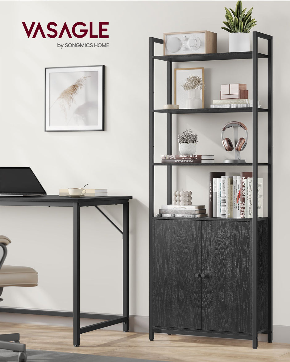7-Tier Bookcase – Metal – Ebony Black and Ink Black – Adjustable Shelves with Door