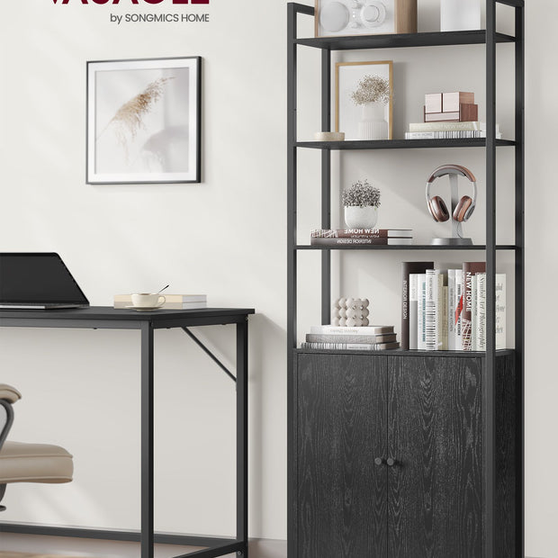 7-Tier Bookcase – Metal – Ebony Black and Ink Black – Adjustable Shelves with Door