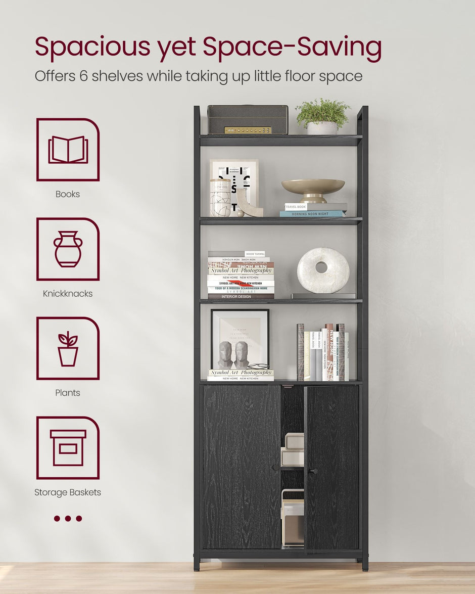 7-Tier Bookcase – Metal – Ebony Black and Ink Black – Adjustable Shelves with Door