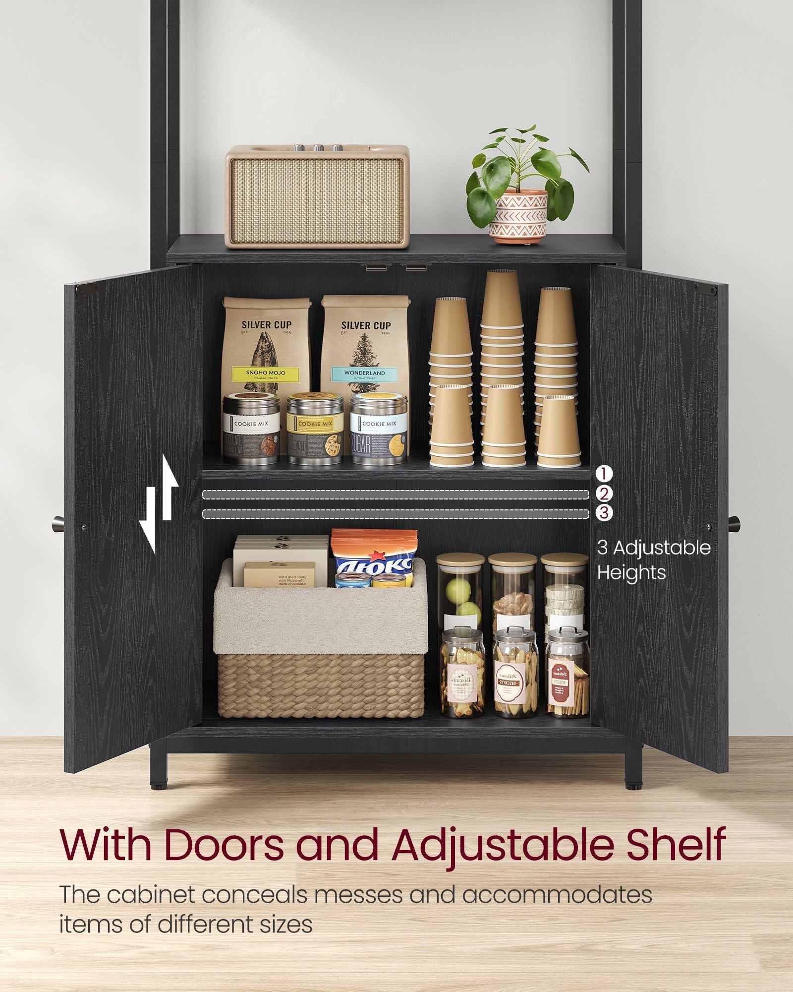 7-Tier Bookcase – Metal – Ebony Black and Ink Black – Adjustable Shelves with Door