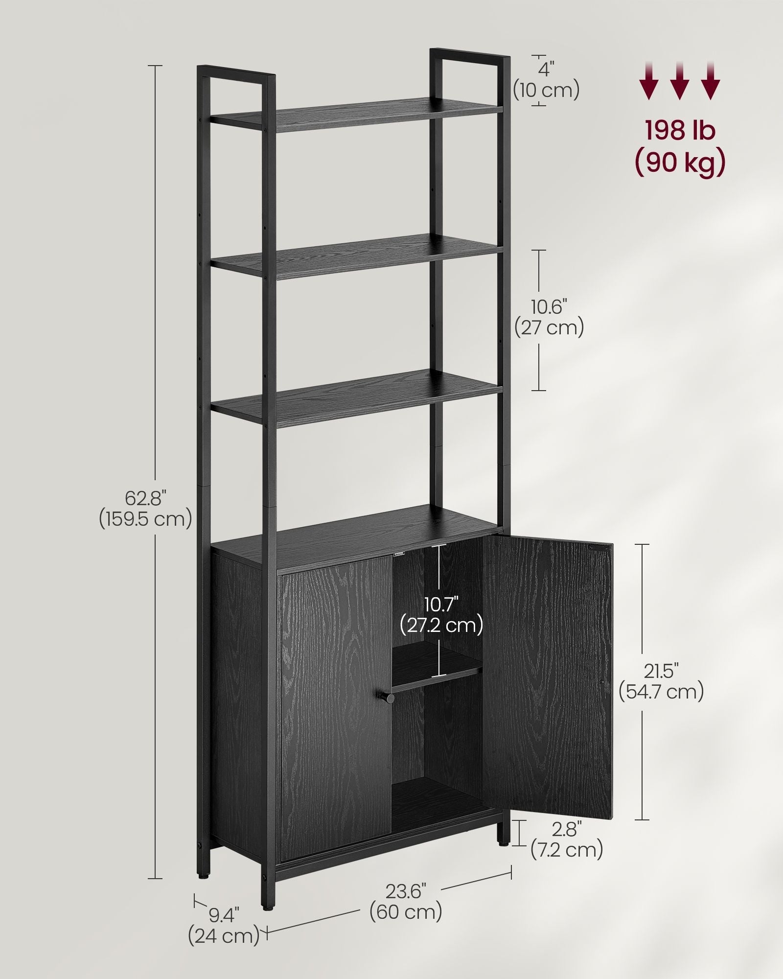 7-Tier Bookcase – Metal – Ebony Black and Ink Black – Adjustable Shelves with Door