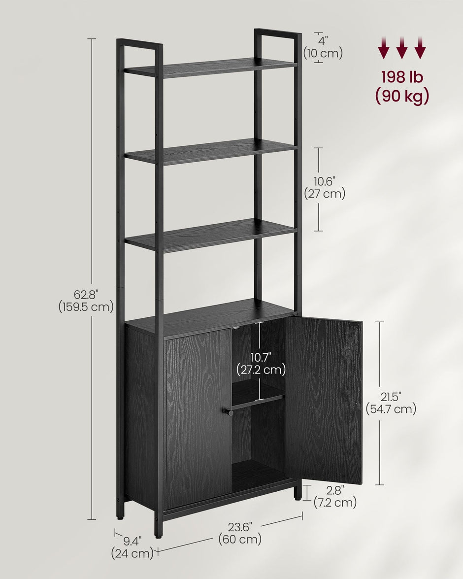 7-Tier Bookcase – Metal – Ebony Black and Ink Black – Adjustable Shelves with Door