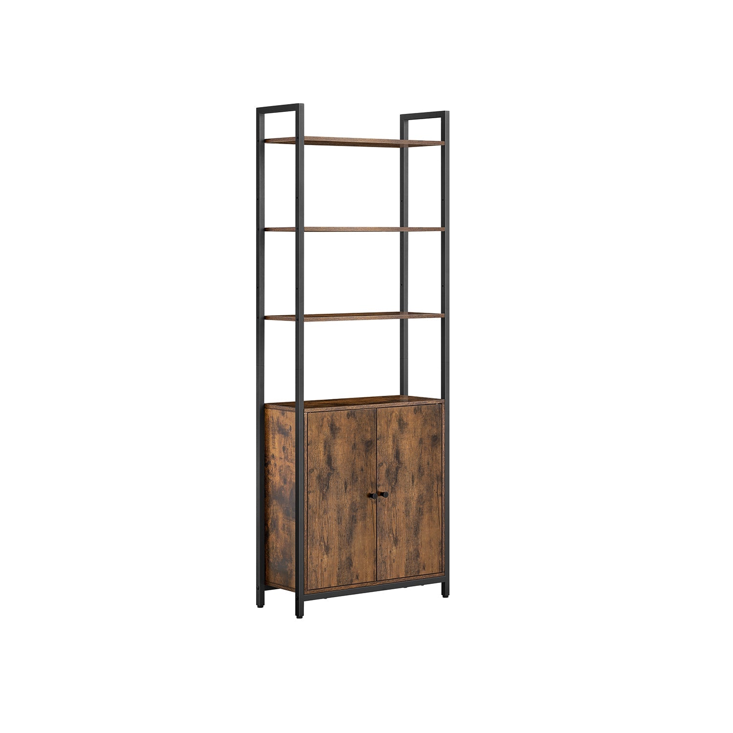 7-Tier Bookcase – Wood and Metal – Rustic Brown and Ink Black – Adjustable Shelves with Door