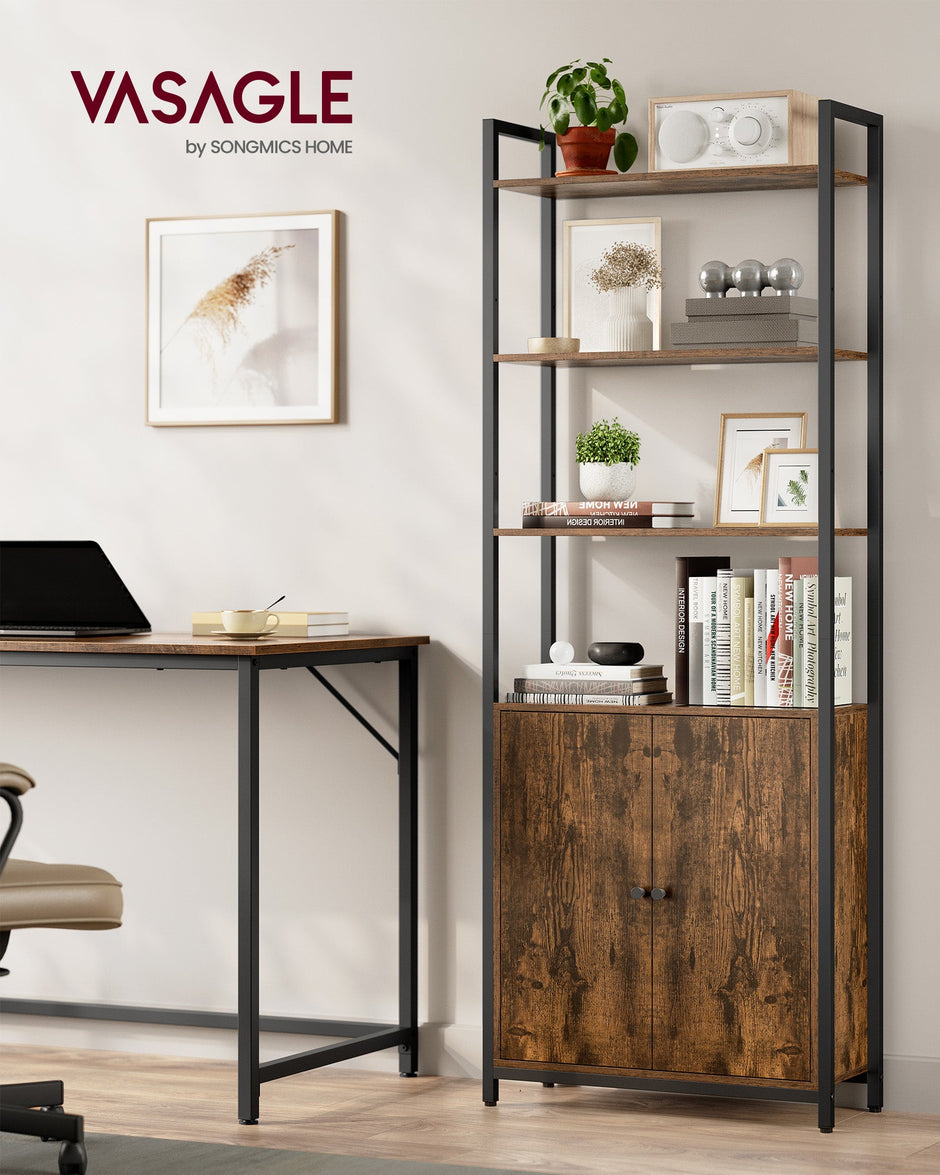 7-Tier Bookcase – Wood and Metal – Rustic Brown and Ink Black – Adjustable Shelves with Door