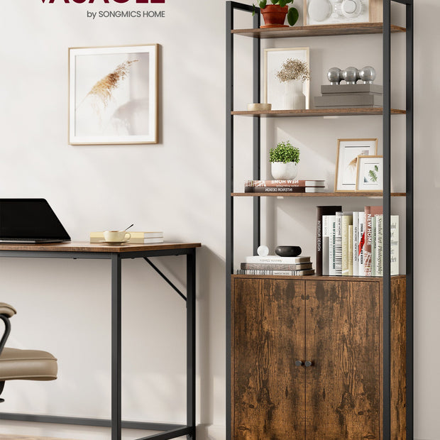7-Tier Bookcase – Wood and Metal – Rustic Brown and Ink Black – Adjustable Shelves with Door