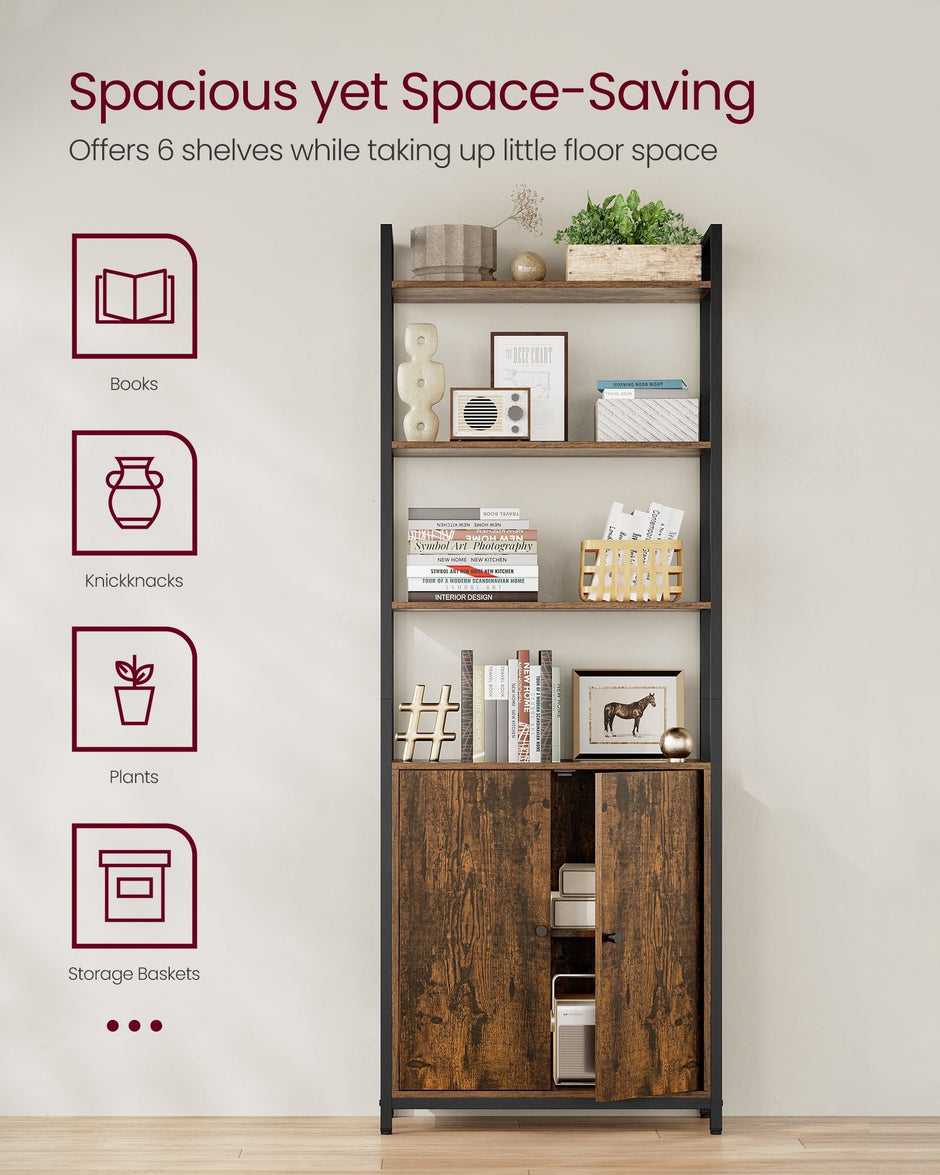 7-Tier Bookcase – Wood and Metal – Rustic Brown and Ink Black – Adjustable Shelves with Door