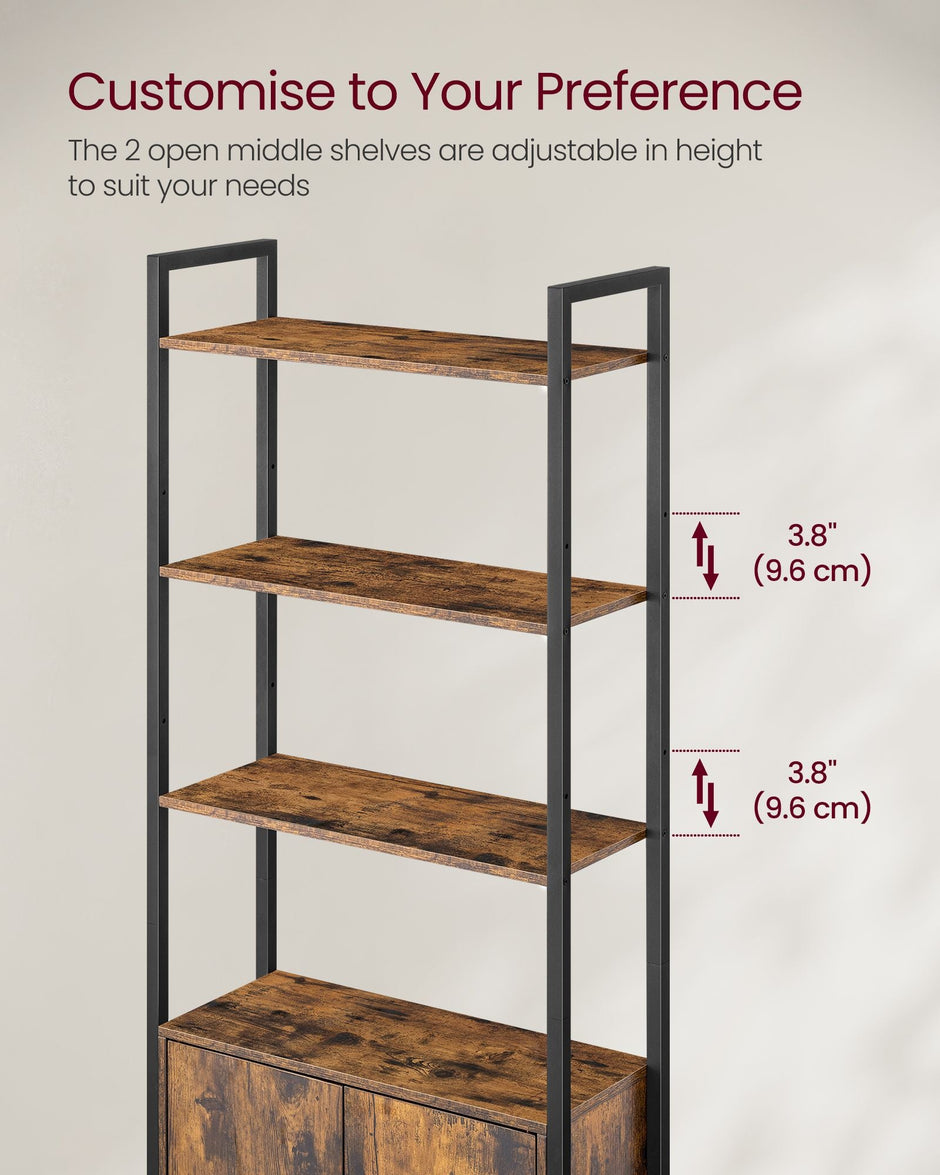 7-Tier Bookcase – Wood and Metal – Rustic Brown and Ink Black – Adjustable Shelves with Door