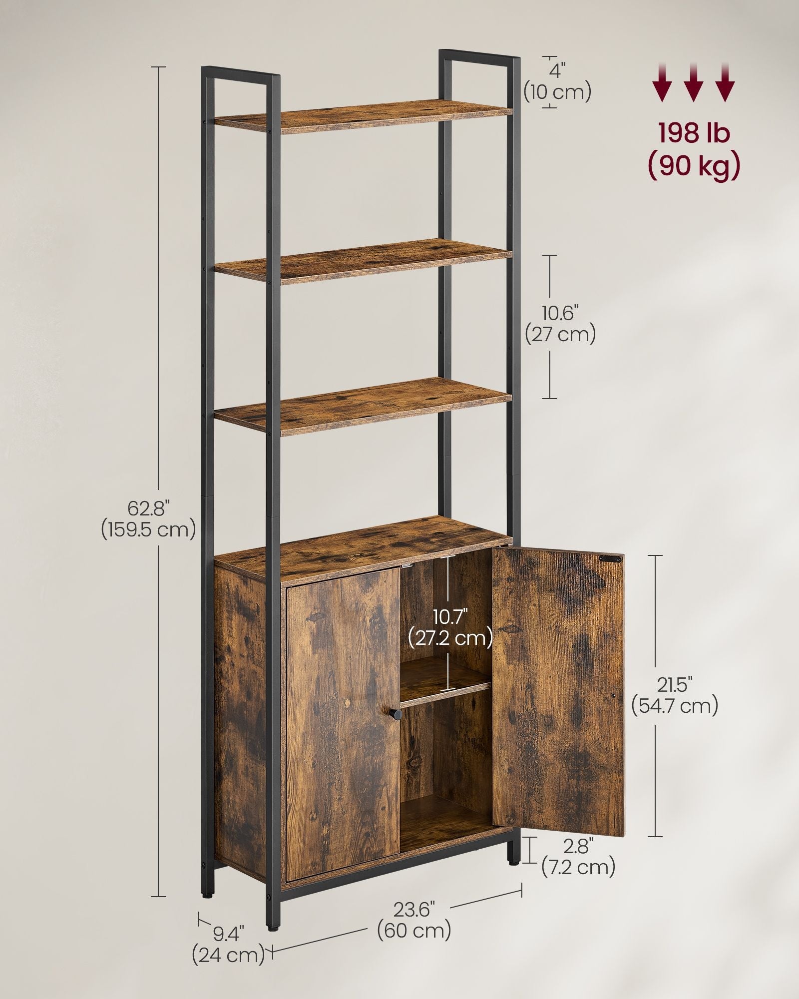 7-Tier Bookcase – Wood and Metal – Rustic Brown and Ink Black – Adjustable Shelves with Door