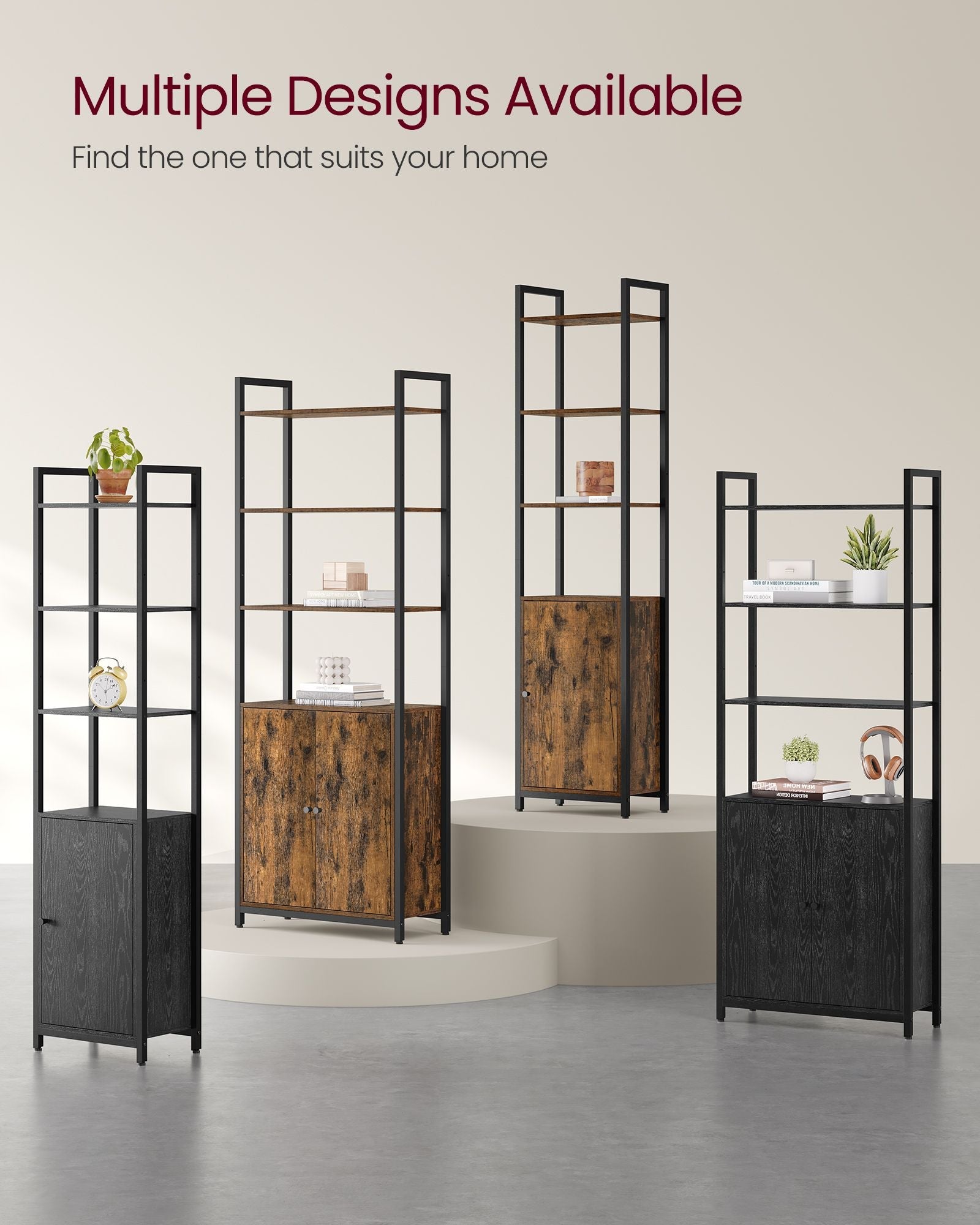 7-Tier Bookcase – Wood and Metal – Rustic Brown and Ink Black – Adjustable Shelves with Door