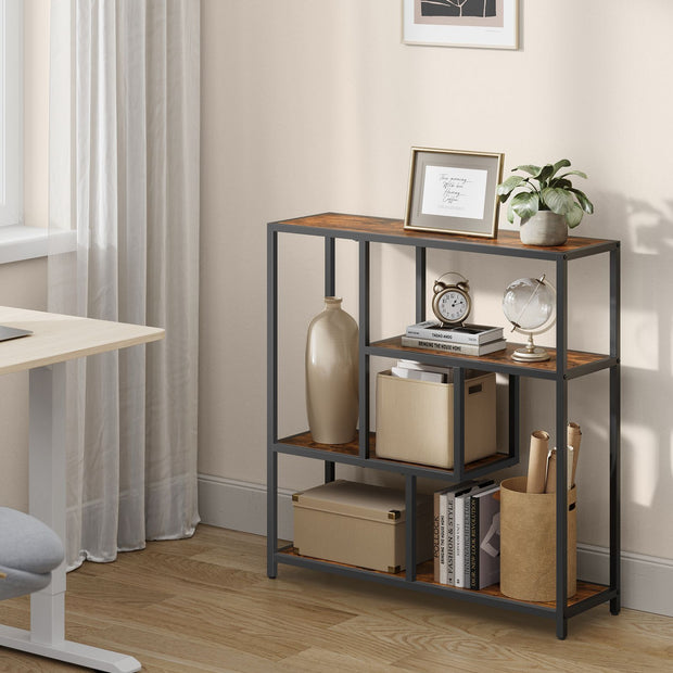 4-Tier Bookshelf – Wood – Rustic Brown and Ink Black – Freestanding Storage Shelf