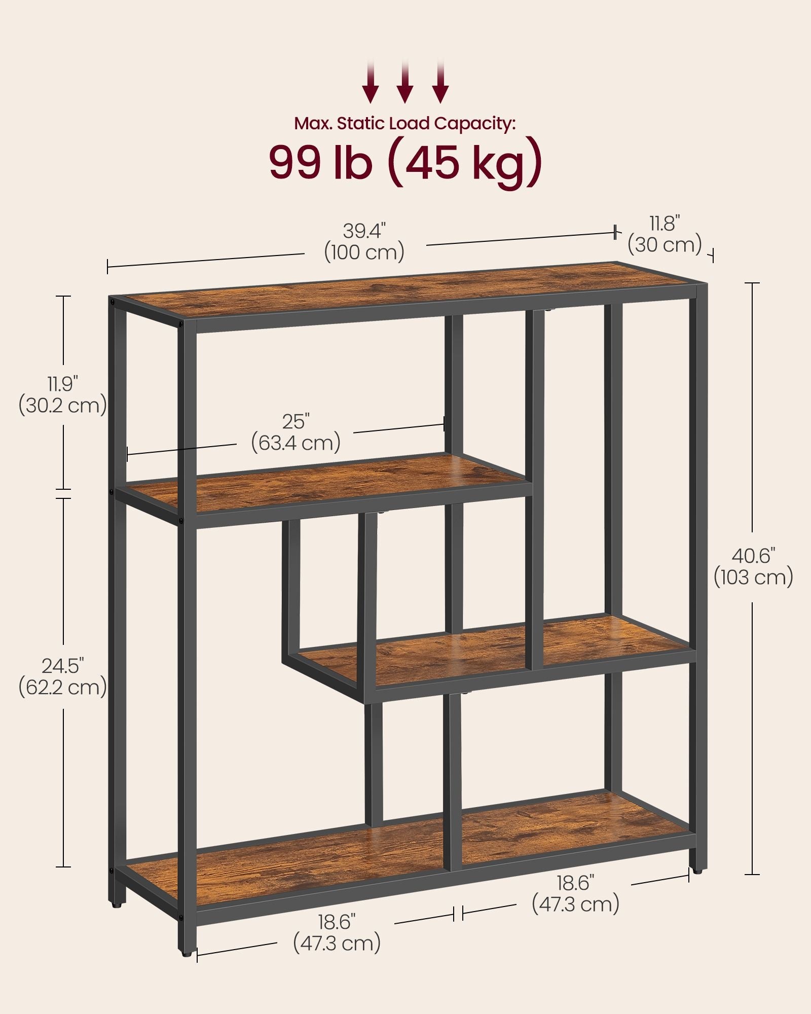 4-Tier Bookshelf – Wood – Rustic Brown and Ink Black – Freestanding Storage Shelf