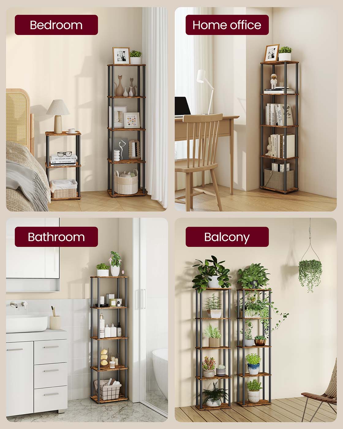 Five Tier Storage Shelf – Wood – Rustic Brown and Ink Black – Quick Assembly