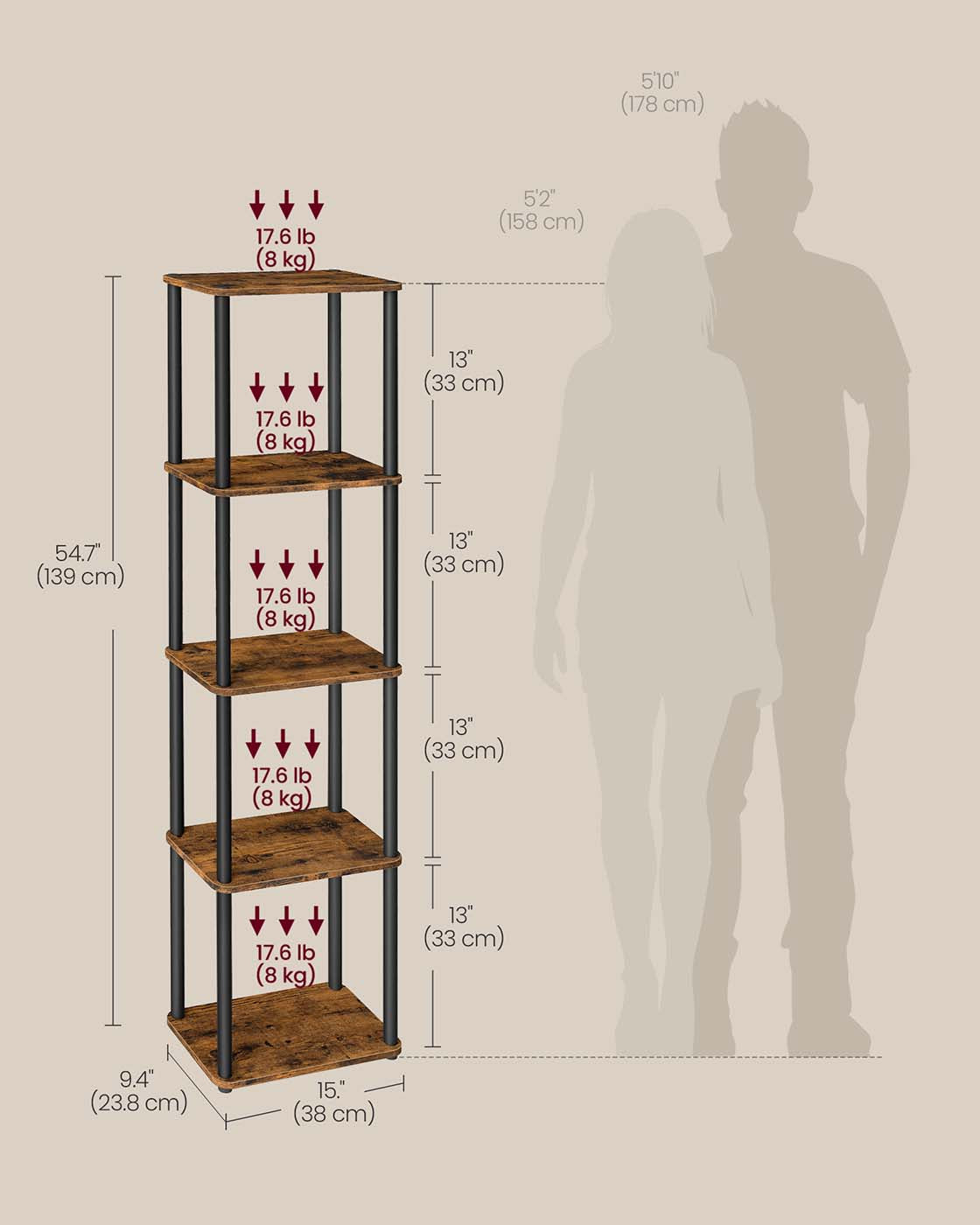 Five Tier Storage Shelf – Wood – Rustic Brown and Ink Black – Quick Assembly