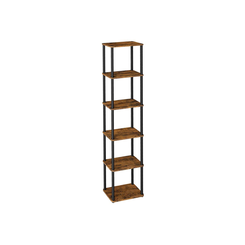 Six-Tier Storage Shelf – Engineered Wood – Rustic Brown and Ink Black – Quick Assembly