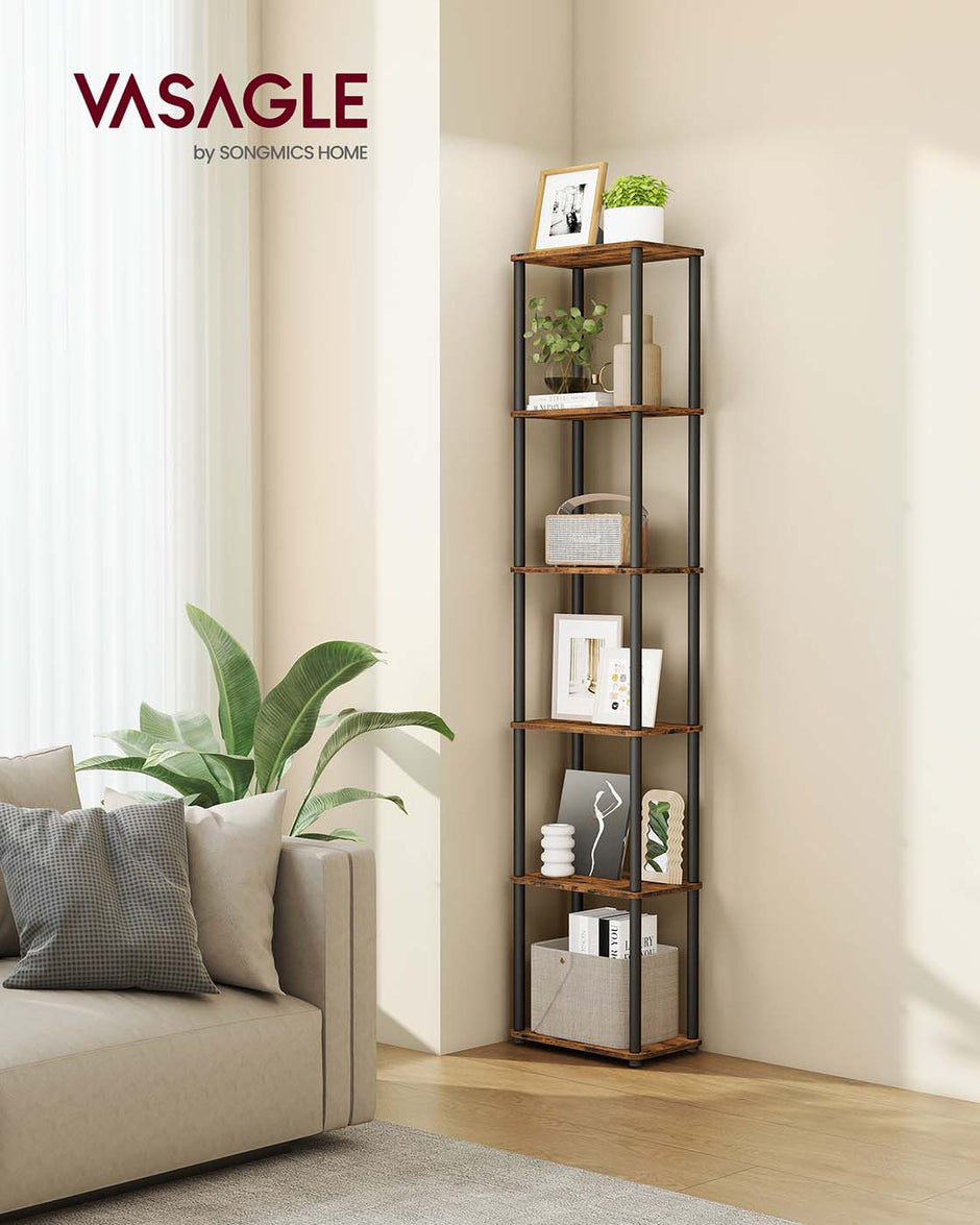 Six-Tier Storage Shelf – Engineered Wood – Rustic Brown and Ink Black – Quick Assembly