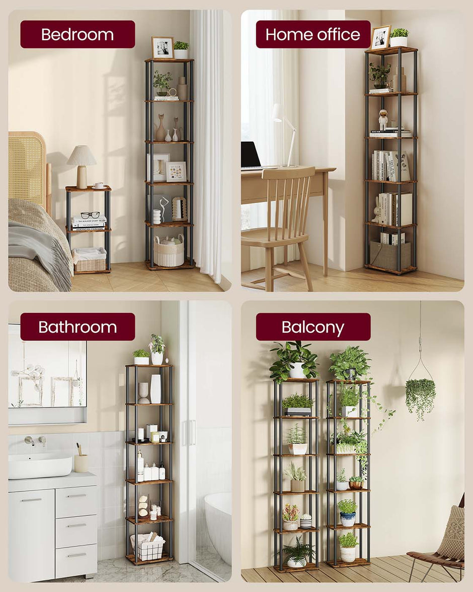 Six-Tier Storage Shelf – Engineered Wood – Rustic Brown and Ink Black – Quick Assembly
