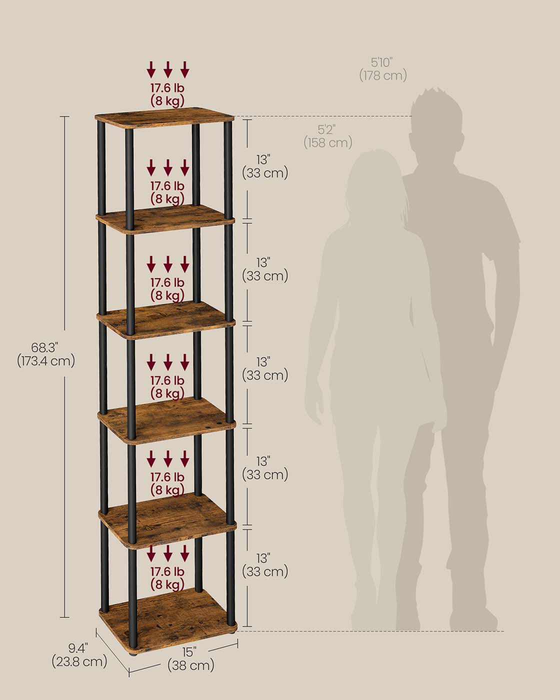 Six-Tier Storage Shelf – Engineered Wood – Rustic Brown and Ink Black – Quick Assembly