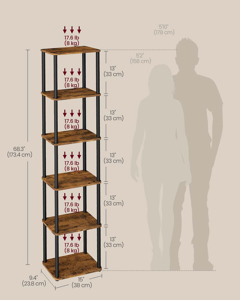 Six-Tier Storage Shelf – Engineered Wood – Rustic Brown and Ink Black – Quick Assembly