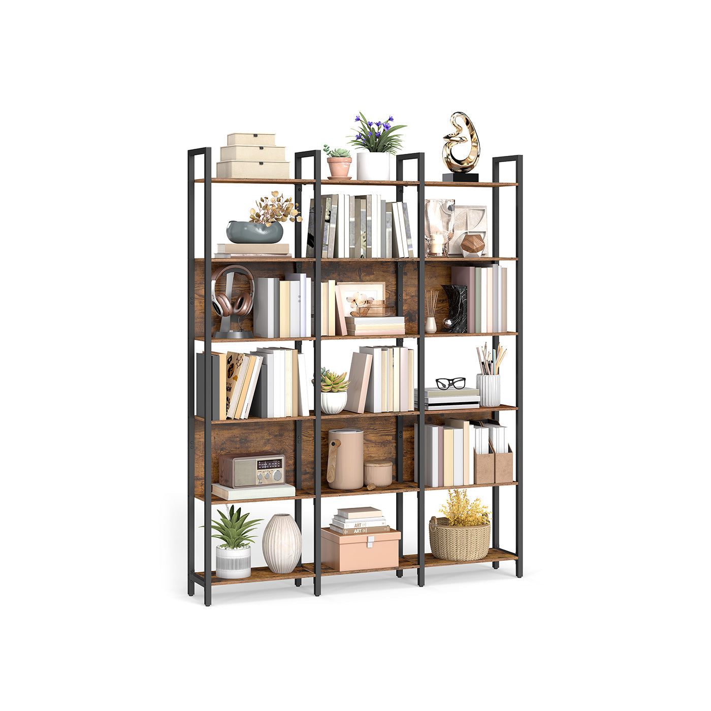 Bookcase – Engineered Wood – Rustic Brown and Ink Black – Six-Tier Industrial Style