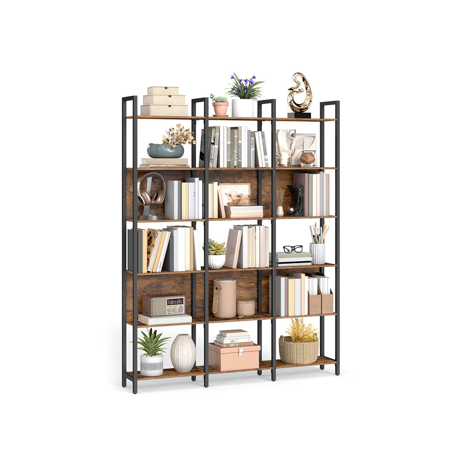 Bookcase – Engineered Wood – Rustic Brown and Ink Black – Six-Tier Industrial Style
