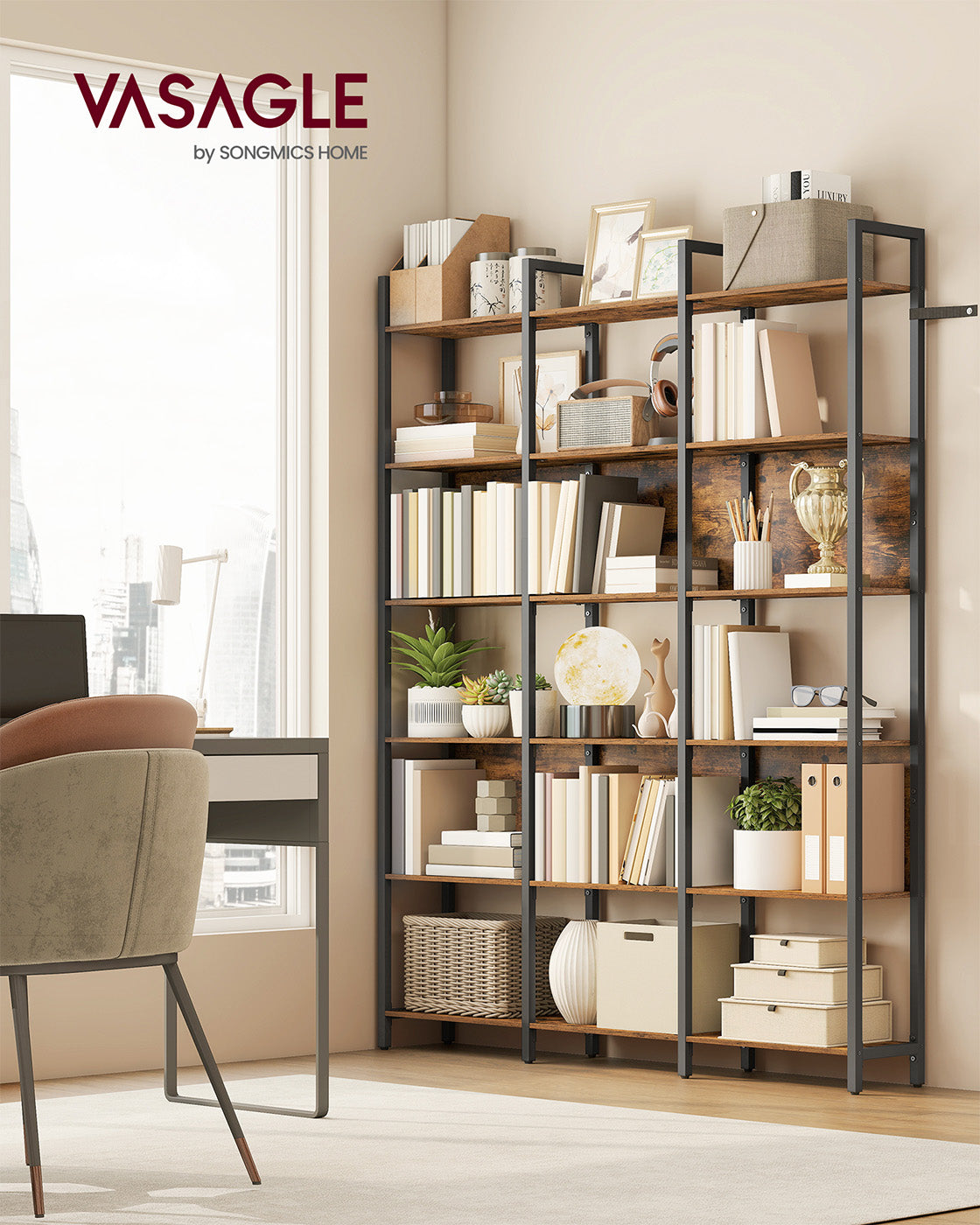 Bookcase – Engineered Wood – Rustic Brown and Ink Black – Six-Tier Industrial Style