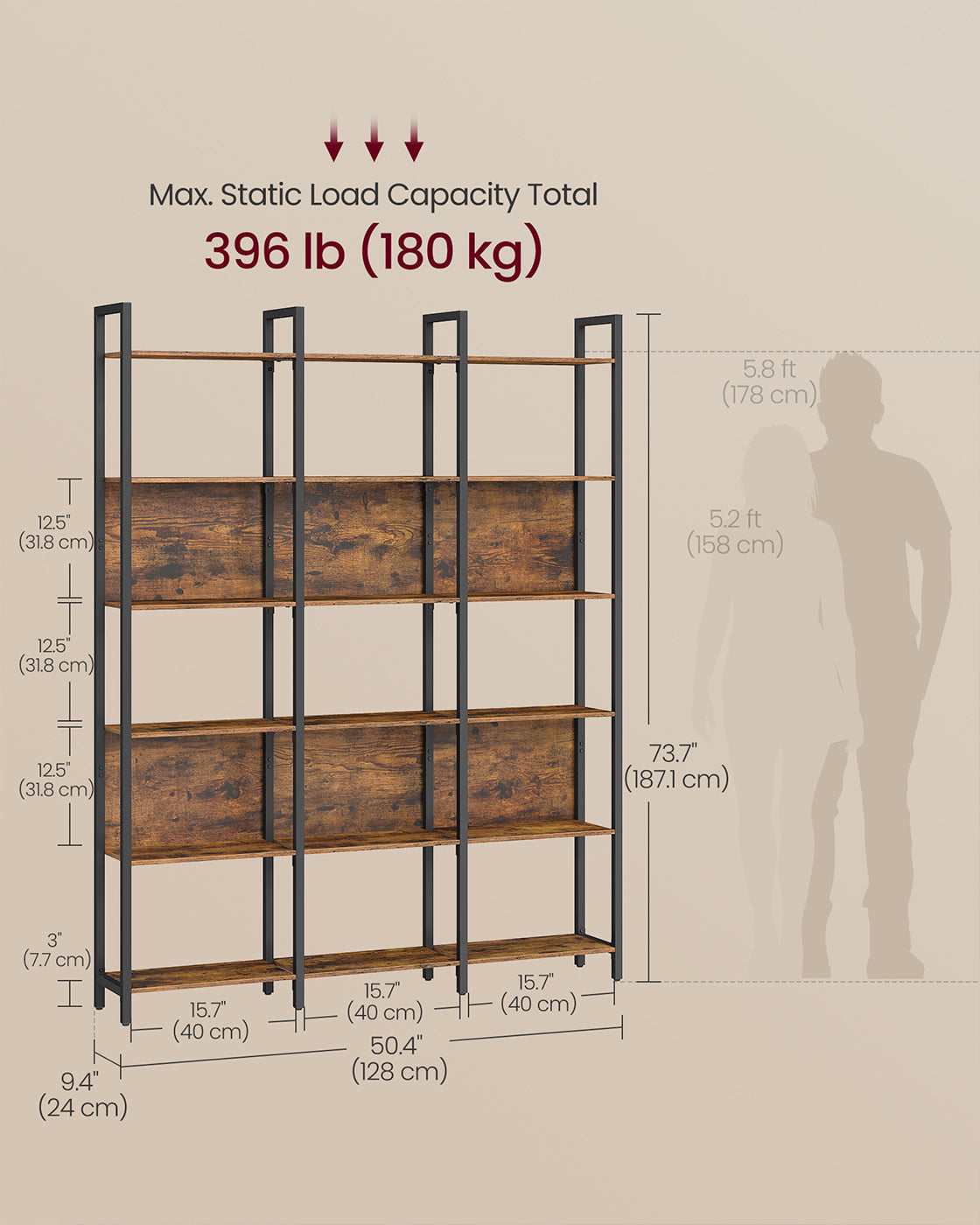 Bookcase – Engineered Wood – Rustic Brown and Ink Black – Six-Tier Industrial Style