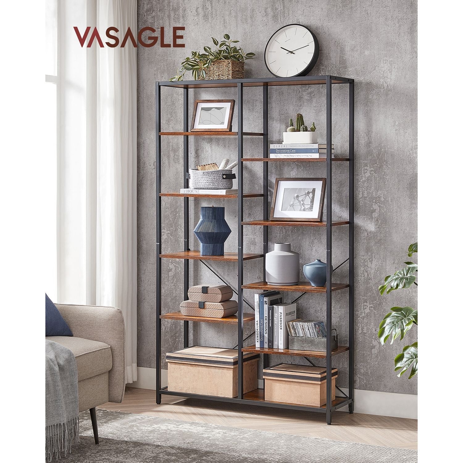 Bookshelf – Wood and Metal – Black – 5-Tier Standing Display Rack with Industrial Style
