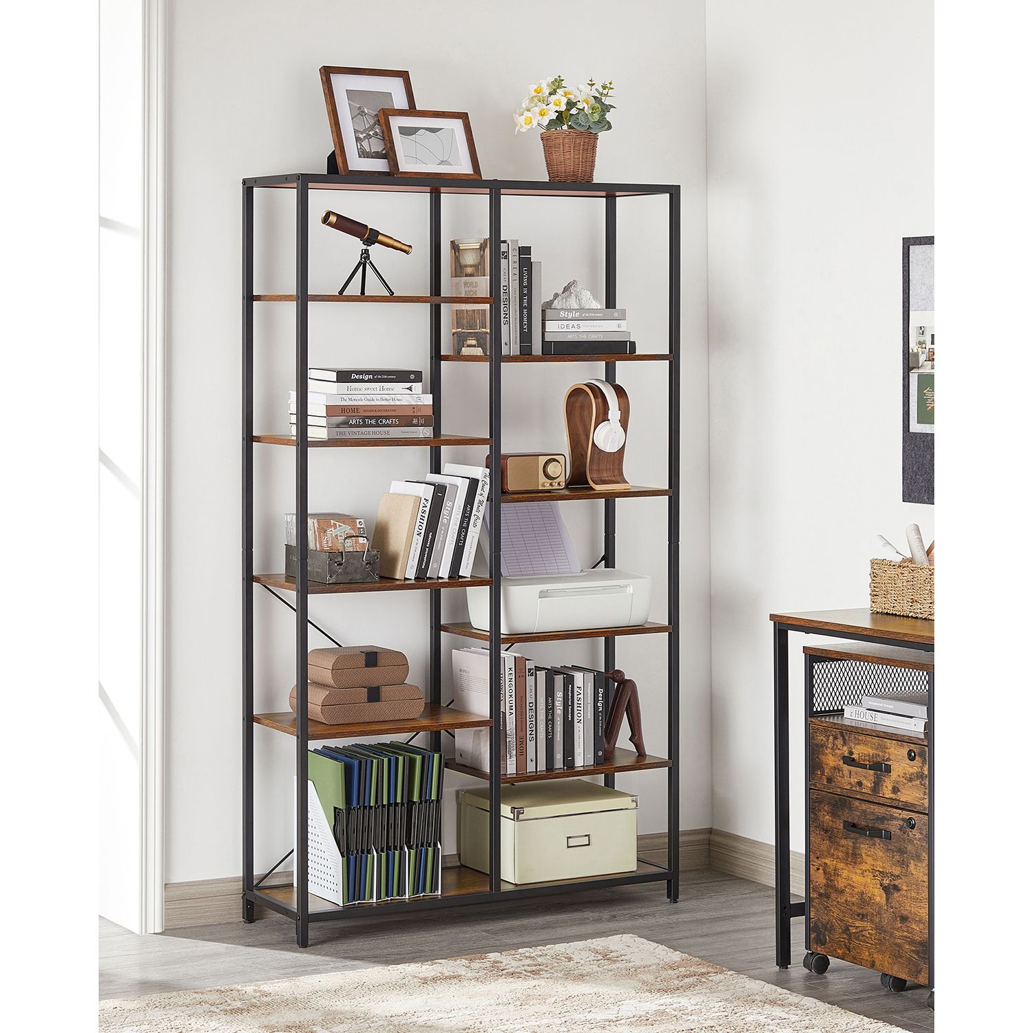 Bookshelf – Wood and Metal – Black – 5-Tier Standing Display Rack with Industrial Style
