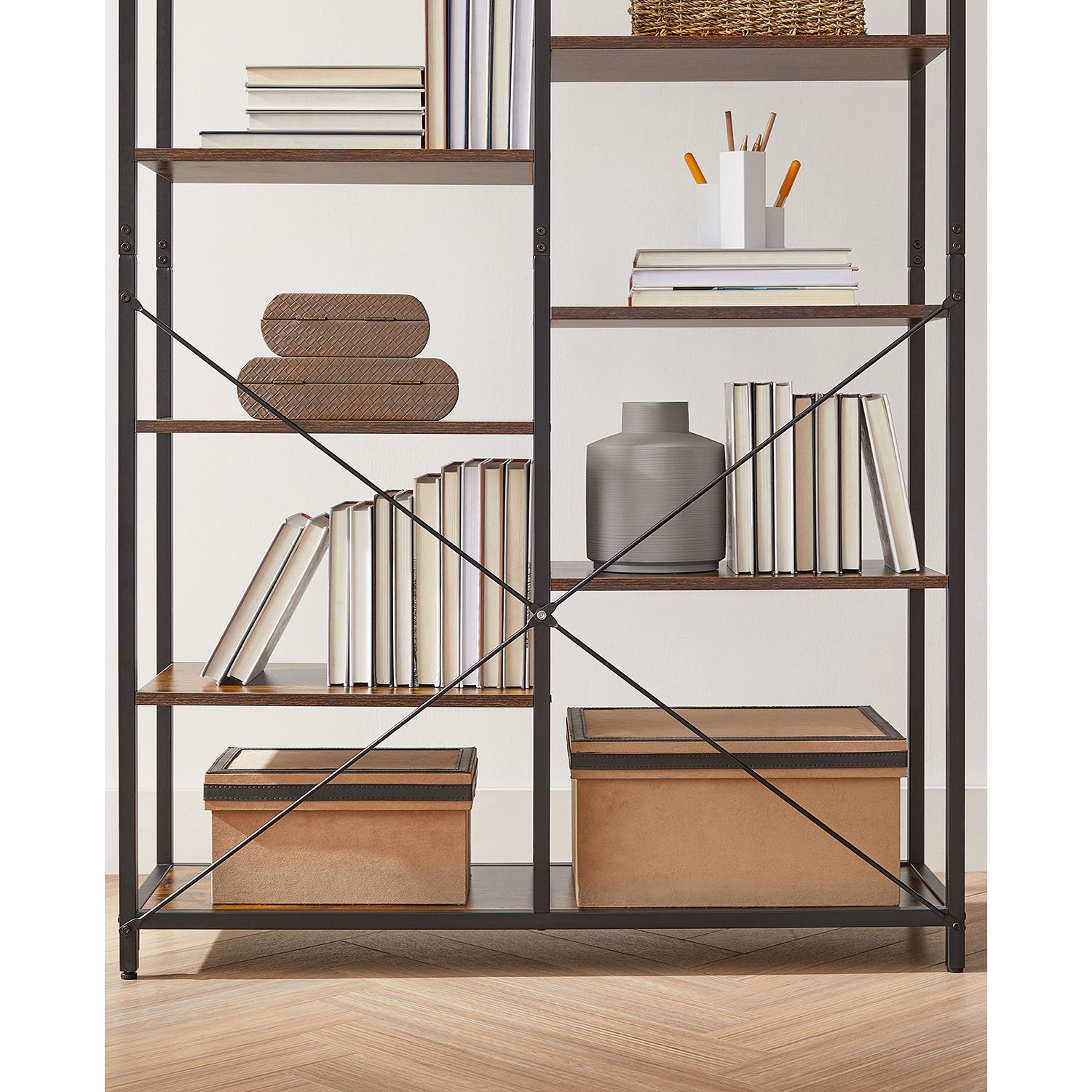 Bookshelf – Wood and Metal – Black – 5-Tier Standing Display Rack with Industrial Style