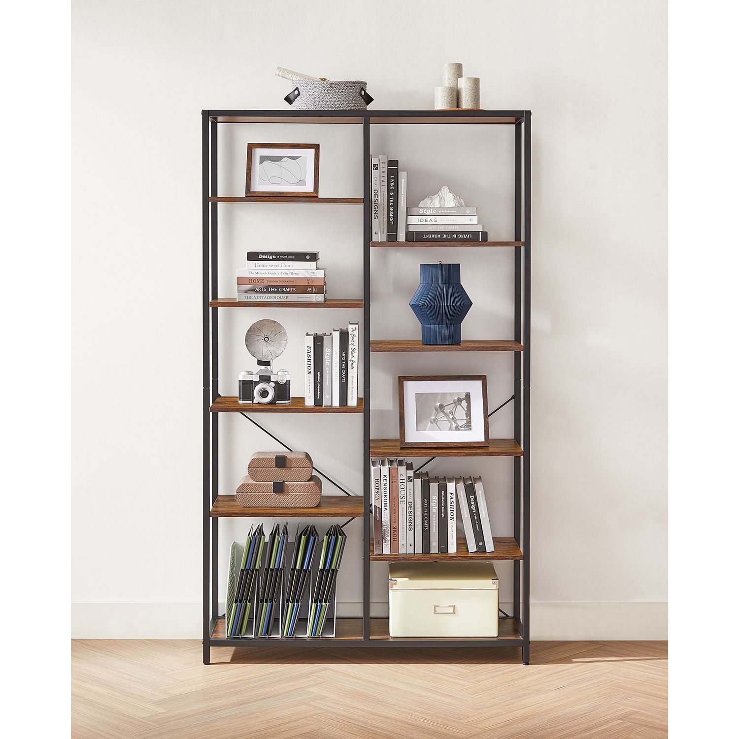 Bookshelf – Wood and Metal – Black – 5-Tier Standing Display Rack with Industrial Style