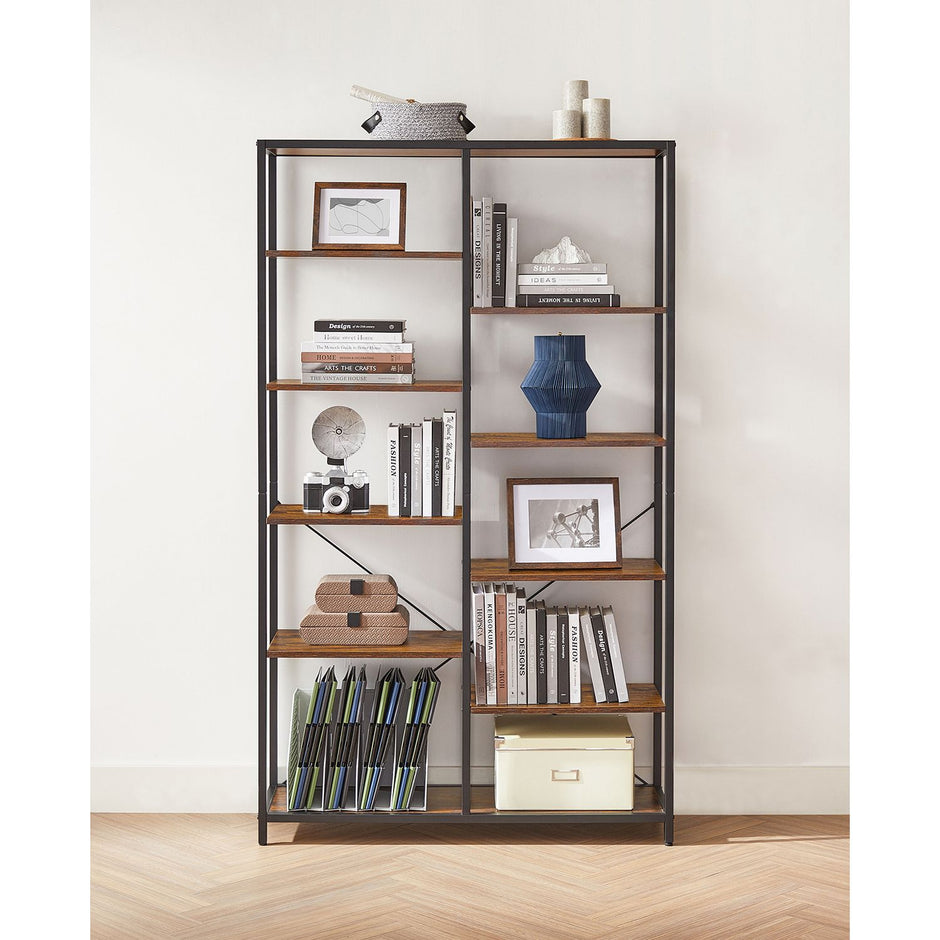 Bookshelf – Wood and Metal – Black – 5-Tier Standing Display Rack with Industrial Style
