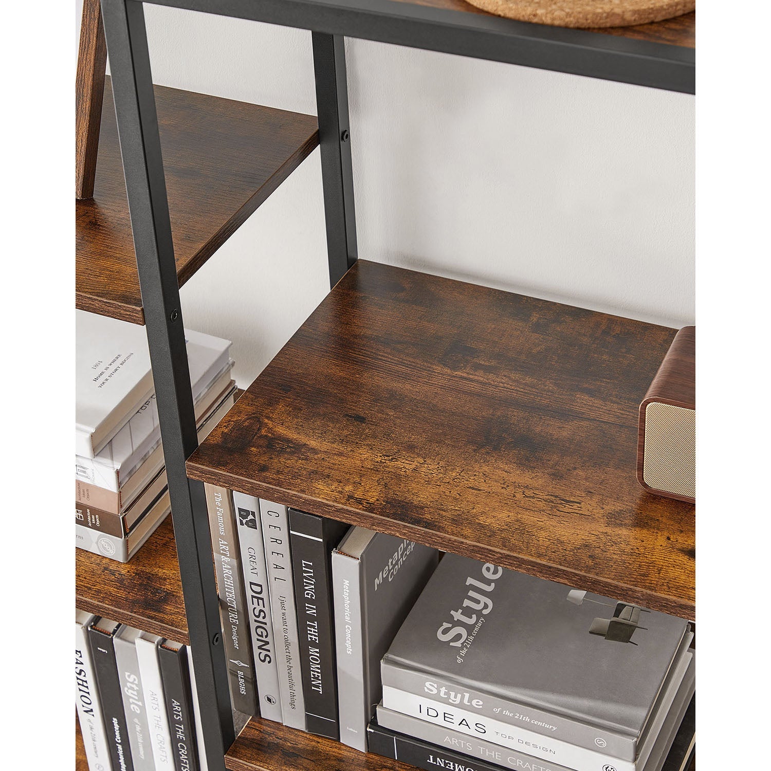 Bookshelf – Wood and Metal – Black – 5-Tier Standing Display Rack with Industrial Style