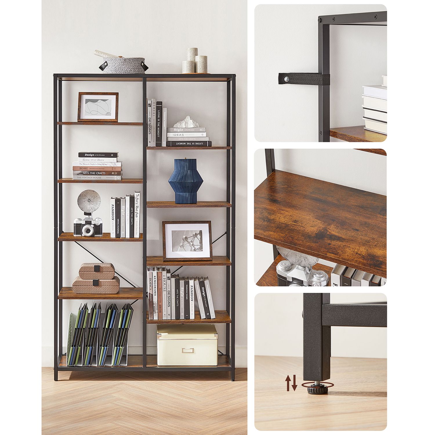 Bookshelf – Wood and Metal – Black – 5-Tier Standing Display Rack with Industrial Style