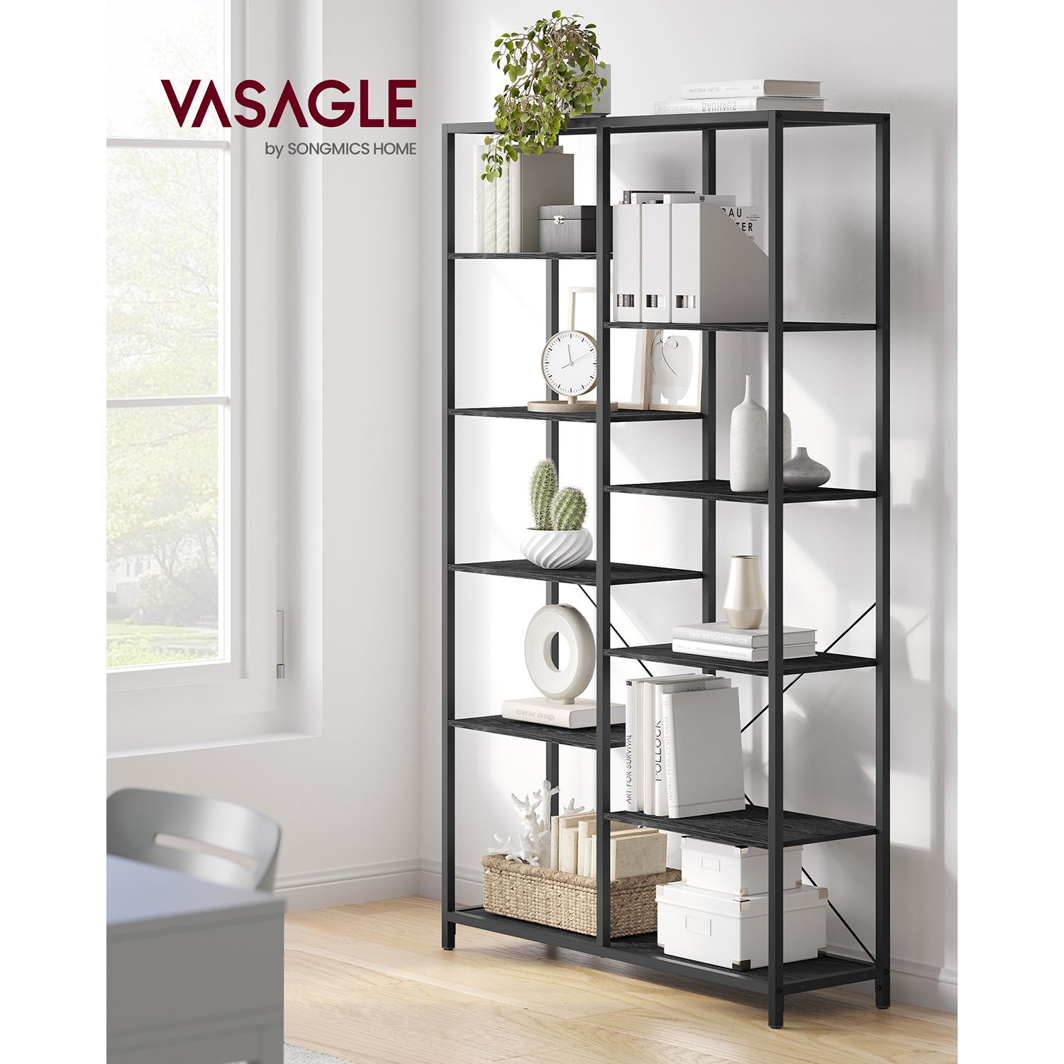 5-Tier Bookcase – Metal and Wood – Black – Industrial Style with Easy Assembly