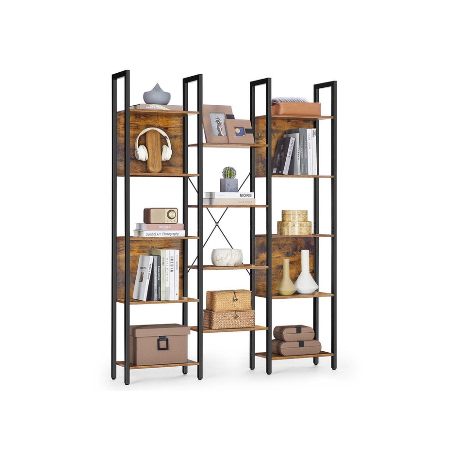 Bookcase – Metal – Rustic Brown and Ink Black – 14 Shelves, Industrial Style