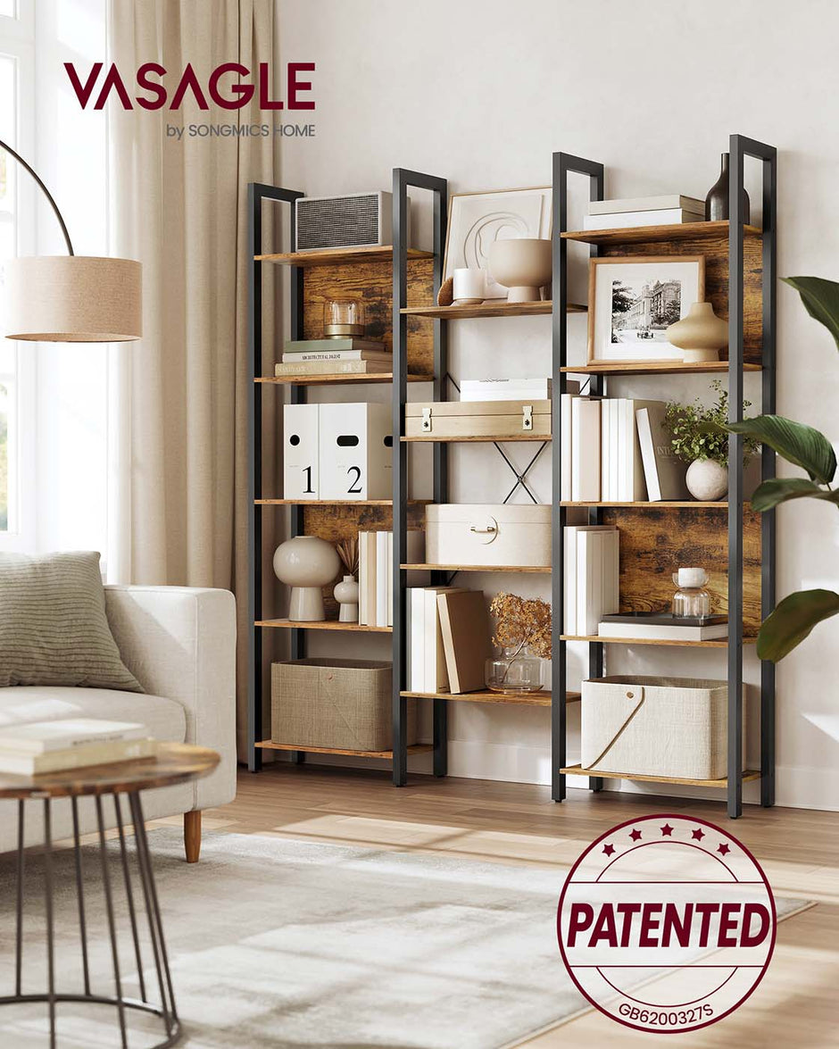 Bookcase – Metal – Rustic Brown and Ink Black – 14 Shelves, Industrial Style