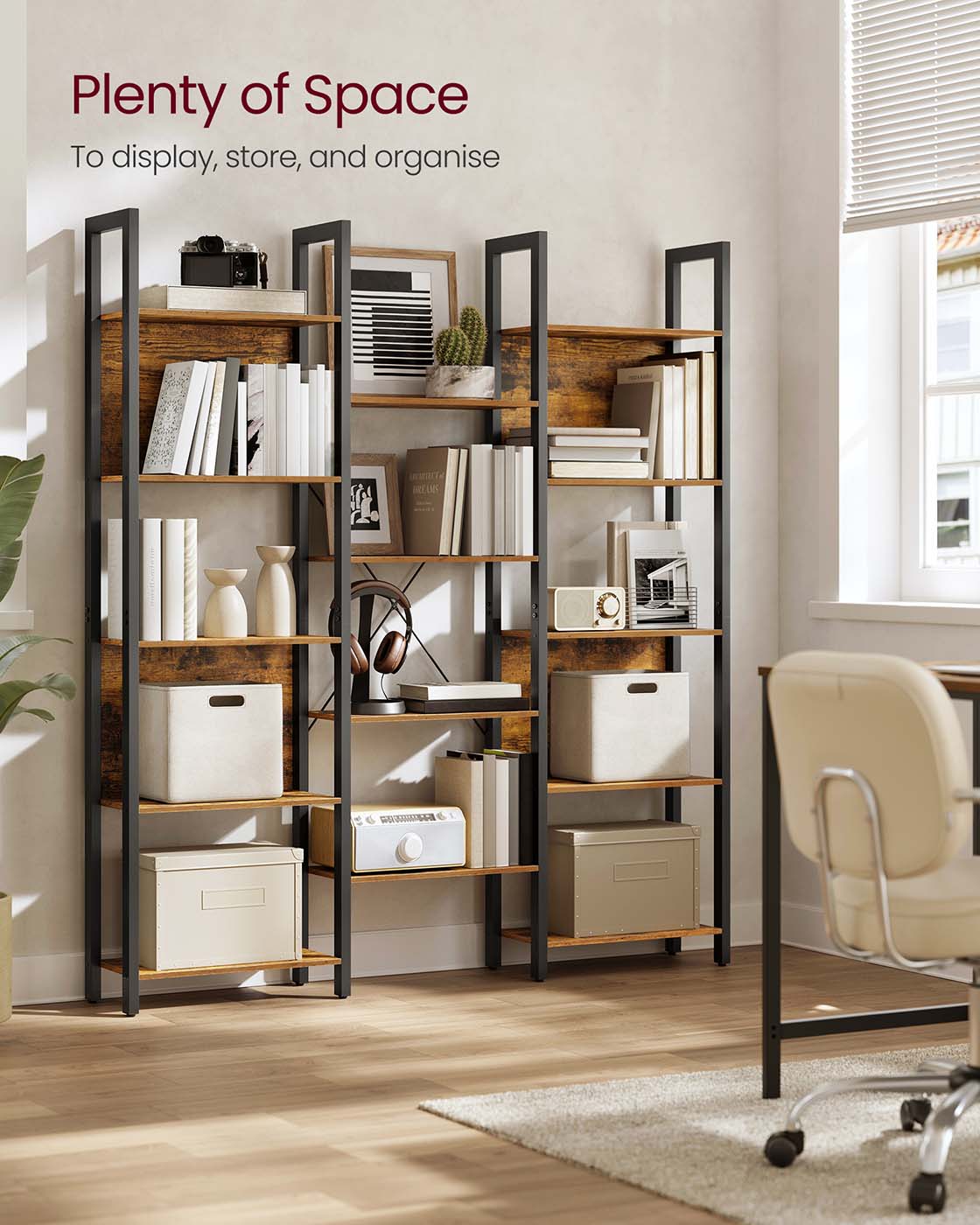 Bookcase – Metal – Rustic Brown and Ink Black – 14 Shelves, Industrial Style