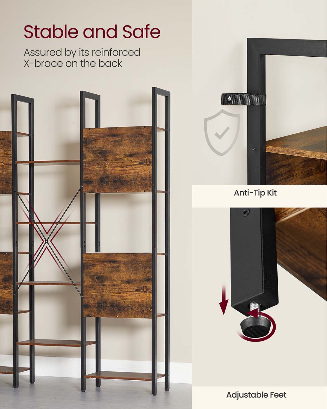 Bookcase – Metal – Rustic Brown and Ink Black – 14 Shelves, Industrial Style
