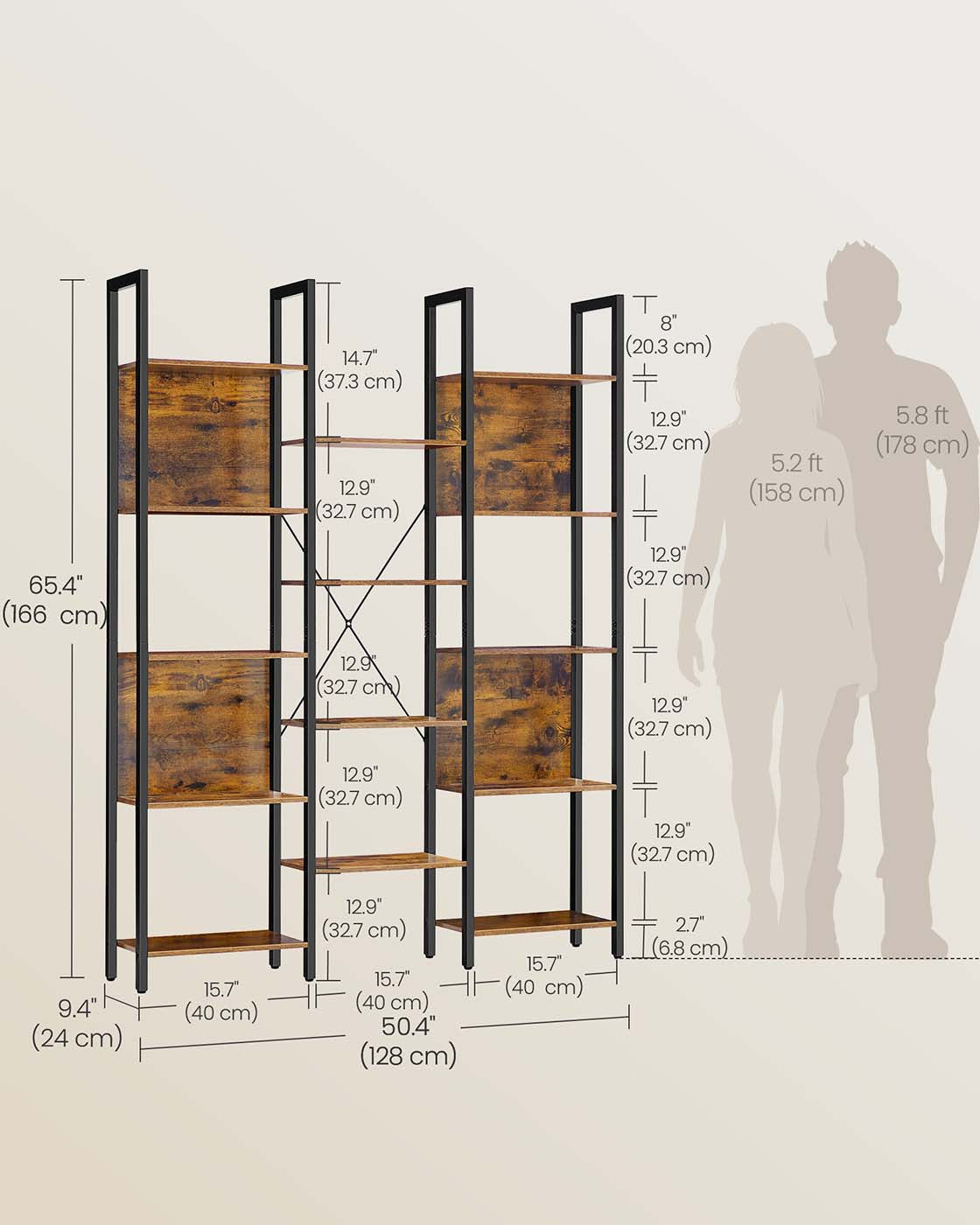 Bookcase – Metal – Rustic Brown and Ink Black – 14 Shelves, Industrial Style