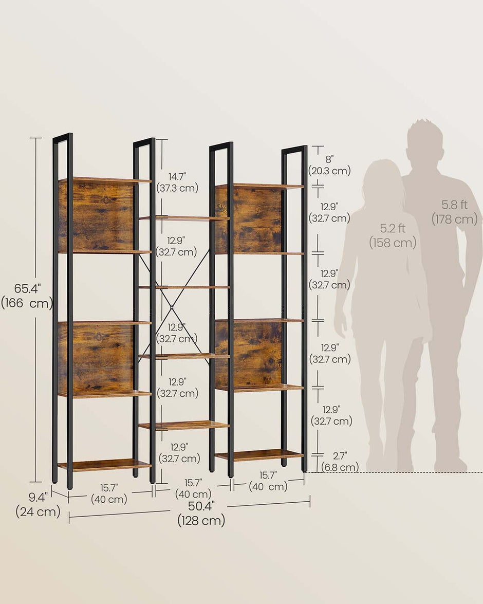 Bookcase – Metal – Rustic Brown and Ink Black – 14 Shelves, Industrial Style
