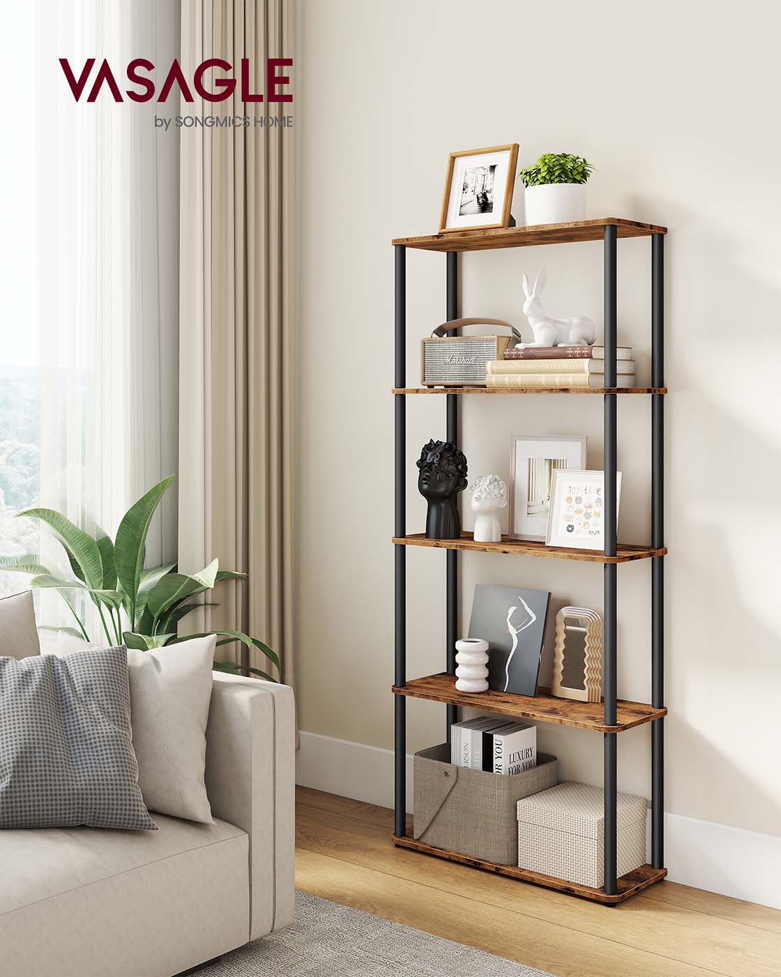Five Tier Storage Shelf – Wood – Rustic Brown and Ink Black – Quick Assembly