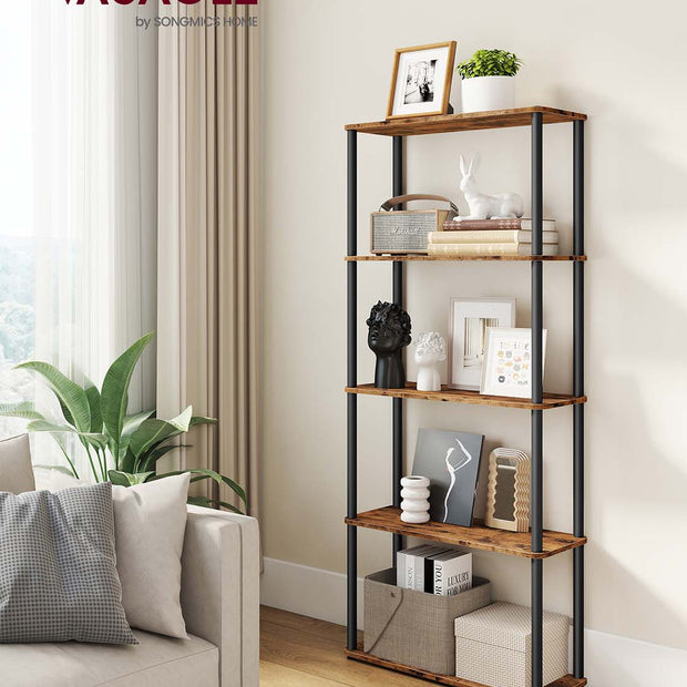 Five Tier Storage Shelf – Wood – Rustic Brown and Ink Black – Quick Assembly