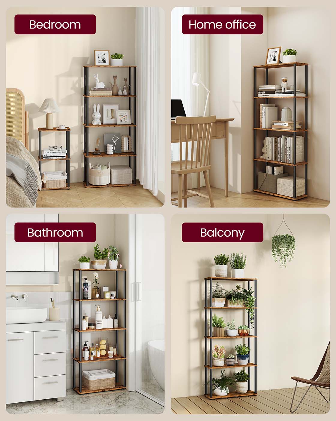 Five Tier Storage Shelf – Wood – Rustic Brown and Ink Black – Quick Assembly