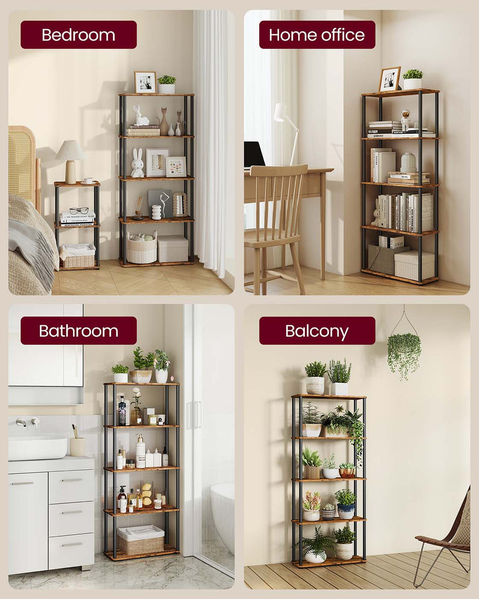 Five Tier Storage Shelf – Wood – Rustic Brown and Ink Black – Quick Assembly
