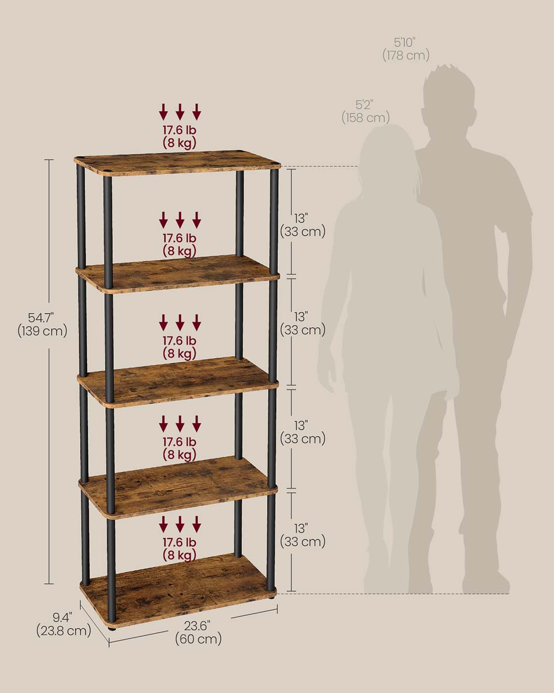 Five Tier Storage Shelf – Wood – Rustic Brown and Ink Black – Quick Assembly