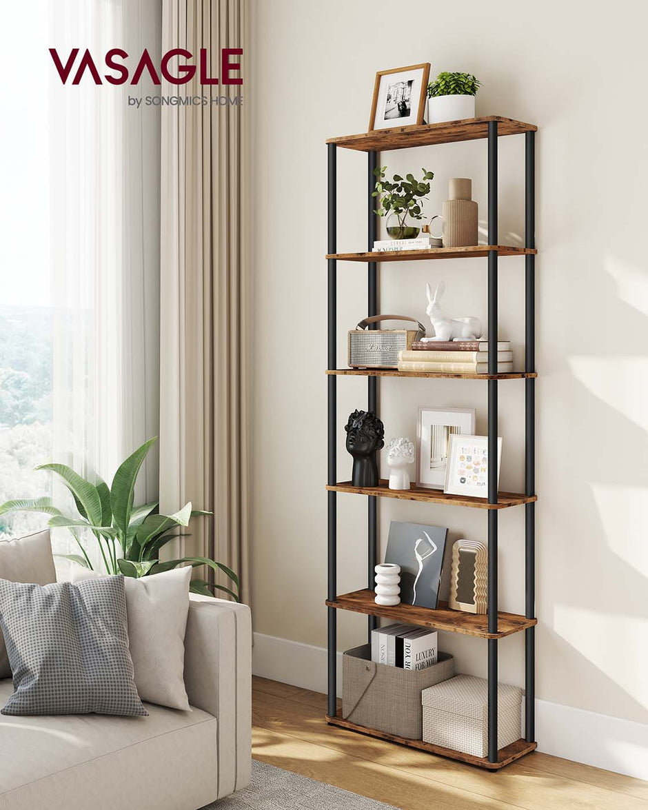 Six-Tier Storage Shelf – Engineered Wood – Rustic Brown and Ink Black – Quick Assembly