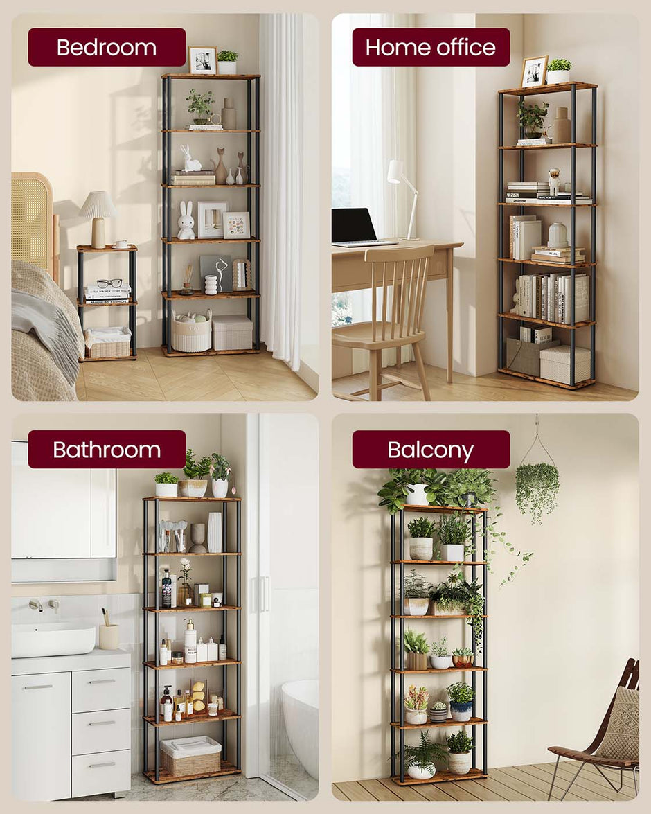 Six-Tier Storage Shelf – Engineered Wood – Rustic Brown and Ink Black – Quick Assembly