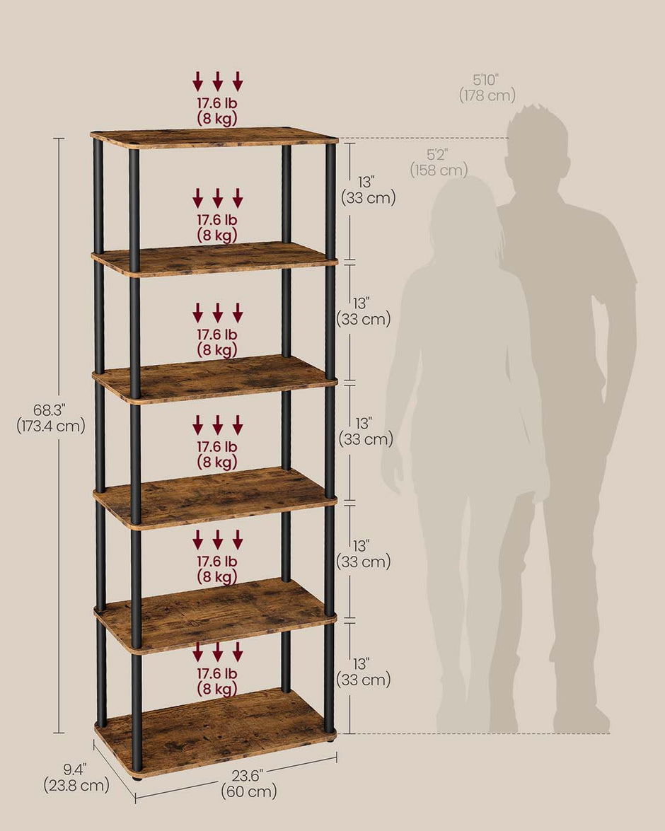 Six-Tier Storage Shelf – Engineered Wood – Rustic Brown and Ink Black – Quick Assembly