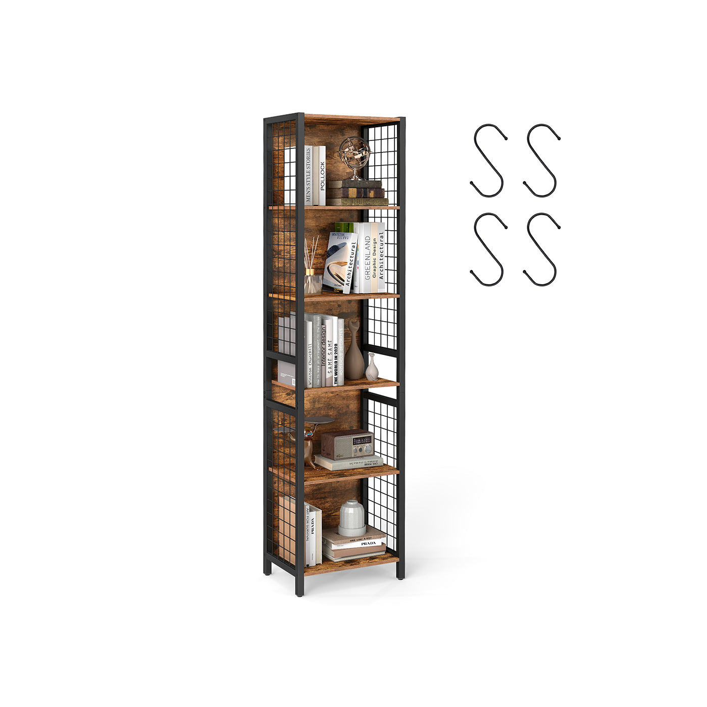6-Tier Bookcase – Wood – Rustic Brown and Ink Black – Multiple Shelves with Hooks